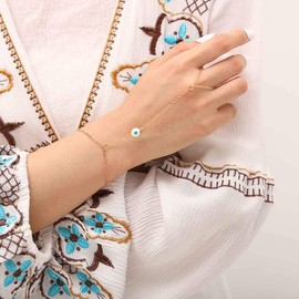 Obmyec Boho Finger Chain Bracelets Silver Evil Eye Hand Chain Delicate Slave Bracelet Simple Hand Harness Chain Bracelet Linked Hand Jewelry for Women and Girls, free size, alloy