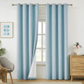 Melodieux Sky Blue Linen Blackout Curtains 96 Inches Long, Thermal Insulated Grommet Curtains for Bedroom Living Room, Elegant Farmhouse Light Blocking Linen Textured Drapes 52x96 inch, 2 Panels