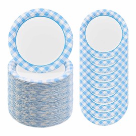 FALIZIFU 50 Pcs Light Blue Gingham Paper Plates 7 Inch Disposable Blue and White Buffalo Plaid Dinner Plates for Wedding Baby Shower Birthday Party Checkered Dessert Plate