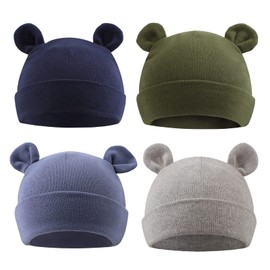PEECABE Cotton Newborn Hospital Baby Hats 0-6 Months Infant Boy Girl Beanie Bear Ear Hat Set (Navy+Gray+Army Green+Haze Blue,0-6 Months)