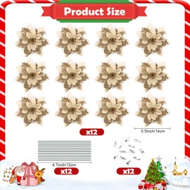 Yasdyri Christmas Poinsettia Flowers 12 Pcs Glitter Christmas Tree Flowers Christmas Poinsettia Decorations with 12Pcs Clips and Stems Xmas Tree Flowers for Christmas Tree Ornaments (Gold)