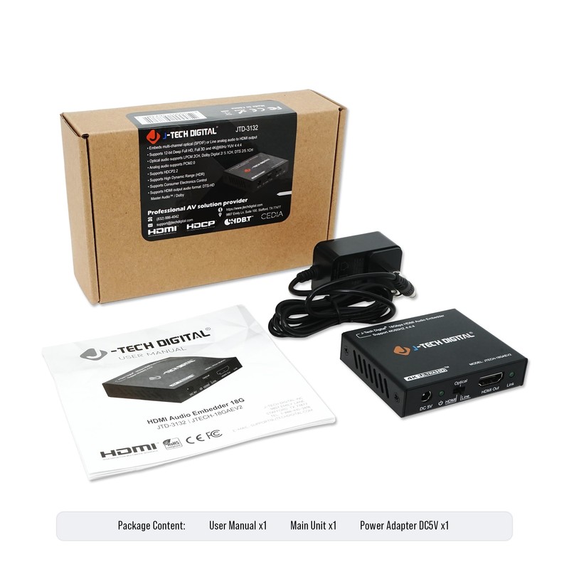J-Tech Digital 18Gbps Digital/Analog Audio HDMI Embedder Inserter Support 4K@60Hz