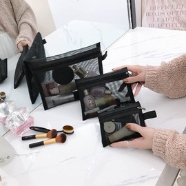 HOYOFO Mesh Case, Cosmetic Pouch, Storage, Small Items, Multi-functional, Set of 3, black (2)