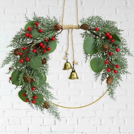 Christmas Wreath for Front Door Artificial Half Circle Wreaths with Bell Pine Cones Red Berries Eucalyptus Leaves Outdoor Wreath for Farmhouse Front Porch Window Christmas Decorations