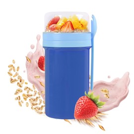 GPREESUS Overnight Oats Containers with Lids,28 oz On the Go Yogurt Parfait Snack Cup, Overnight Oats Jars,Reusable Cereal Yogurt Cup and Divided Compartment for Fruit & Nuts (Blue, L)