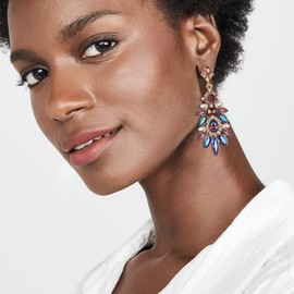 BriLove Wedding Bridal Chandelier Earrings, Art Deco Rhinestone Marquise Emerald Cut Rectangle Geometric Statement Earrings for Women Iridescent Blue Gold-tone