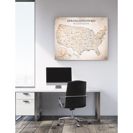 IPIC - Vintage USA Map Canvas Wall Art, Large Travel Map Print for Home, Office, or Study, Push Pin Map Decor for Travel Lovers, Ready to Hang