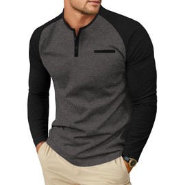 Sailwind Mens Cotton Henley Shirts Long Sleeve Casual T-Shirts Lightweight Button Pullover Shirts with Pocket Dark Gray Black