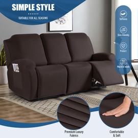 TAOCOCO Recliner Sofa Slipcover, 3 Pieces Polyester Fabric Stretch Sofa Covers for 3 Seat Reclining Couch, Soft Washable Furniture Protector with Pockets (3 Seat, Coffee)