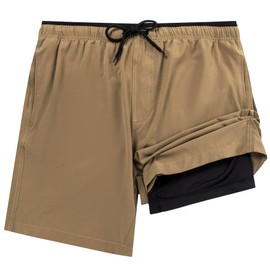 Aueyan Men Swim Trunks with Compression Liner,Mens Swim Shorts 7 inch Long Swim Suits for Man Khaki Summer Beach Shorts,Size Large