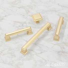 Alzassbg 10 Pack Brushed Gold Cabinet Knobs, 1.3 Inch(32mm) Square Kitchen Cabinet Hardware Knobs for Cabinets and Drawer AL6071MGP