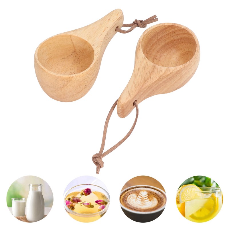 2Pcs Camping Mug Drinking Tea Cup Rubber Wood Mini Portable