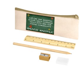Paolo Chiari - Maestri Line School Set Cotton with Pencil Case Decorated with Pencil, Ruler and Sharpener Made of Wood, 4 Pieces, natural, maestra blackboard