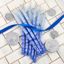 2-PK Premium Dripless Hanukkah Candles Multi Blues Frosted Thin Tapered Chanukah Candle Set of 45 Enough for Eight Nights of Hanukah Includes a DIY Dreidel, Prayer Card with Chanukah Song Aviv Judaica
