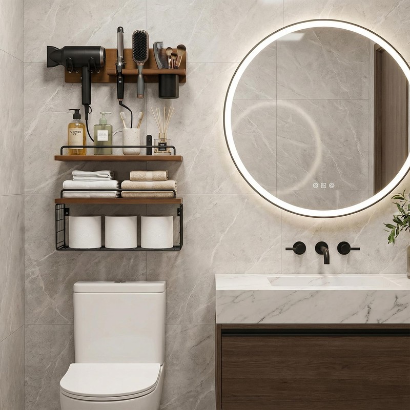 GODDGITT 3-Tier Bathroom Floating Shelves with Curling Iron Holder &