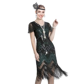 Women 1920s Gatsby Vintage Sequin Flapper Fringe Party Plus Dress with 20s Accessories Set, Styele Flower Black Green, Large
