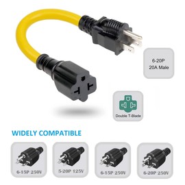 12AWG Heavy Duty Extender AC Plug Adapter [4-in-1], 15 Amp Household to 20 Amp T Blade Power Extension Cord, 1FT/32CM 12AWG Nema 5-15P to 5-20R/6-15R/ 6-20R, 15A 125V to 20A 250V Adapter Cable
