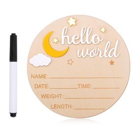 Wooden Hello World Newborn Sign, Cute Birth Announcement Board Baby Announcement Sign Newborn Welcome Baby Name Plaque for Nursery Hospital Girl Boy Photo Props(White)