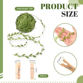 Leinuosen 51 Pcs Leaf Ribbon with 1.35 Inch Mini Clothespins for Photo, Artificial Vines Leaves Line and Wood Picture Clips Craft for Wild Jungle Baby Shower Wedding Birthday Party Decor (33 ft)