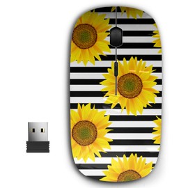 KAWAMOUSE 2.4G Ergonomic Portable USB Wireless Mouse for PC, Laptop, Computer, Notebook with Nano Receiver (Sunflowers On Striped Black White)