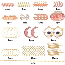 SUNNYCLUE 1 Box DIY Make 10 Pairs Moon Star Earrings Making Kit Enamel Heart Planet Charms Cat Moon Pendants Earring Findings for Women Beginners DIY Earring Dangle Jewellery Making, Pink