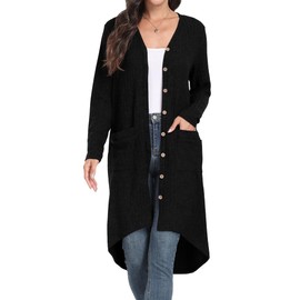 GRECERELLE Women's Long Cardigan Elegant Thin Ribbed Long Sleeve with Button Placket and Pockets, 01 black