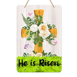 WhatSign He is Risen Easter Door Decoration Sign Christian He is Risen Door Sign Farmhouse Easter Cross He is Risen Religious Easter Door Wreath for Home Front Door Wall Proch Easter Spring Decoration
