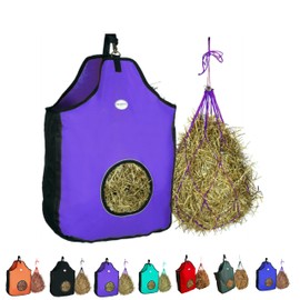Majestic Ally 1200 D Hay Feeder Tote Bag for Horses, Sheep with Reflective Trim- Reduces Waste - Comes with 36” Hay Net (Purple)