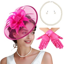 MS.ING 4Pcs Fascinators Hats for Women Tea Party Derby Hats with Gloves Pearl Jewelry Set for 1920s Party Cocktail (US, Alpha, One Size, Feather Rose Red)