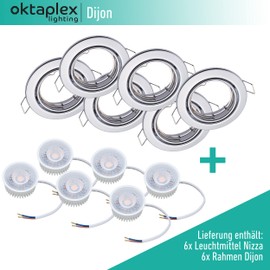 6 x Octaplex Recessed Spotlights Dimmable Dijon Swivelling - LED Module Nice 5 W 3000 K 230 V 380 lm Warm White 110° - Spotlights Chrome Hole Size 68 mm