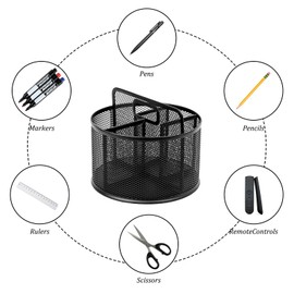 Godneei Desk Organiser, 360-Degree Rotating Pen Holder, Round Metal Mesh Pen Pots with 5 Compartments, Multifunctional Pencil Holder, Stationery Storage Desktop Organiser for Home, Office, School