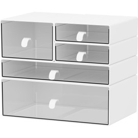 Yashong Desk Organizer Set, White & Clear Stackable Dustproof Storage Boxes for Desktop, Office, Bathroom, DIY Craft & Vertical Space Saving, Perfect for Makeup, Stationery Organization (5 Drawer)