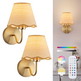 ADISUN Battery Operated Wall Sconce Set of 2, Gold Wall Lamps Rechargeable Bulbs for Living Room, Rattan Shade Wireless Wall Lights for Bedroom Living Room Hallway Kitchen(2 Bulbs Included)