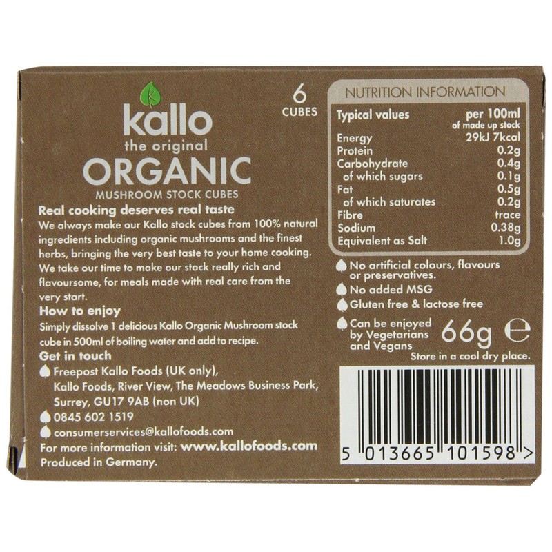 Kallo Organic Mushroom Stock Cubes 66 g (Pack of 5)