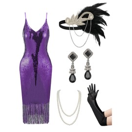 YESSA 1920's Dresses for Women Sequin Flapper Dress Roaring 20s Costumes Gatsby Dress with 20s Accessories Set Purple