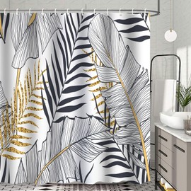 Jemsia Shower Curtain for Bathroom,Black Leaf Floral Waterproof Anti Mould Bath Curtain with Weighted Hem,12 Hooks Washable Polyester Shower Curtains for Bathroom Tubs Spa Wet Room