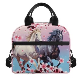 Pointodoor Horse Lunch Bag Women Teen Girls Crossbody Lunch Box Portable Leakproof Lunch Tote Cherry Blossom Large Capacity Reusable Insulated Cooler Lunch Container for School/Work/Picnic/Travel