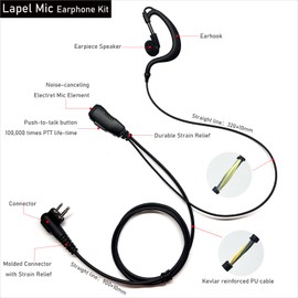 MONICONA G Shape Earhook Headset for Motorola R2 CP100D CP200D CP185 CP200 DLR1020 CLS1110 SLS1410 DTR410 DTR700 RDU4100 RDU4160D RMM2050 RMU2040 RMU2080D VL50, 2 Pin Earpiece w/Mic (Pack of 2)