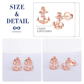 INFINIONLY Necklace Chains and Earrings for Women and Girls, 925 Silver Anchor Jewellery Sets, Anchor Necklace Pendant, Anchor Earrings Studs, Anchor Interwoven with Roses, Zirconia, Rose Gold,