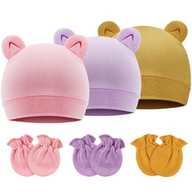 DRESHOW Newborn Baby Hats Mittens Set Hospital Hat Beanie Bear Ears Infant Hats Baby Cotton Gloves Scratch-Free Mittens for 0-6 Months, 3 Sets: Bear Ears Hats & Mittens 58-B03