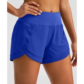 Pantalones cortos de correr para mujer, de talle alto, secado rápido, de 3 pulgadas, para gimnasio, entrenamiento, para mujer, con bolsillo con cierre, Azul , X-Small