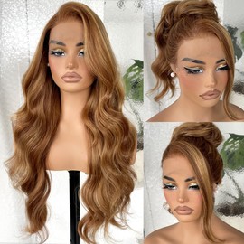 BlackSwern 13x6 HD Glueless Lace Frontal Wigs Pre-Plucked, 200 Density Honey Blonde Sunkissed Highlights Synthetic Long Body Wave Lace Front Wig Ready to Wear, 26inch #4/27 Sunkissed Highlights