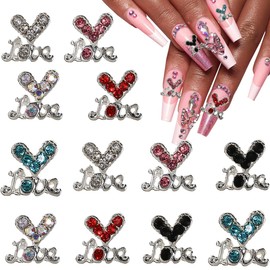 12Pcs 3D Heart Nail Art Charms Silver Nail Charms Heart Nail Accessories Rhinestones Diamond Alloy Nail Gems for Women Girls Valentine's Day Nail Art Design DIY Craft Jewelry