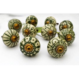 ARTISNO Ceramic Knobs for Cabinets - Set of 10 Decorative Green and White Round Ceramic Knobs for Home Kitchen Cabinet Drawer | Elegant Handmade Wardrobe and Dresser Pulls