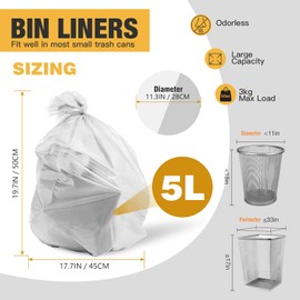 GINKGO 120 Counts Small Bin Bags, 5L Pedal Bin Liners, Clear Plastic Mini Garbage Bags for Bathroom, Toilet, Bedroom and Office, White Trash Bag