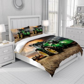 Leleyouzer 3D Tractor Bed Linen Set, 135 x 200 cm, Tractor Pattern Duvet Cover for Children and Boys, Soft and Comfortable Microfibre, 3-Piece Set with Zip Closure