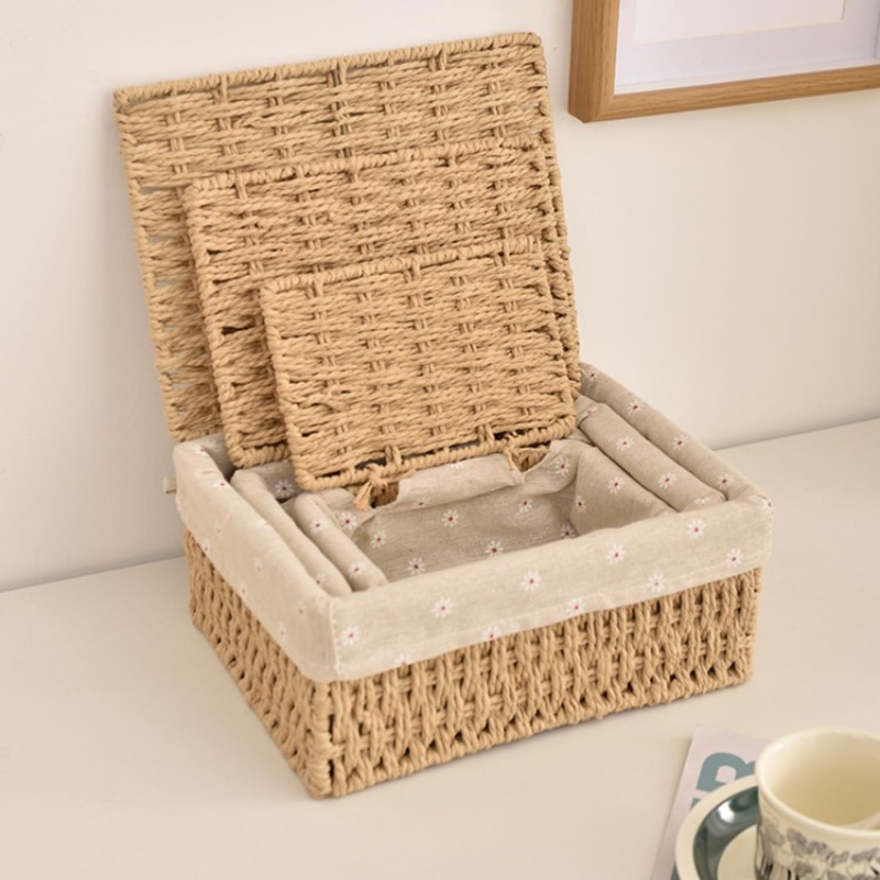 Rattanzenith Wicker Basket with Lid Paper Rope Storage Baskets for