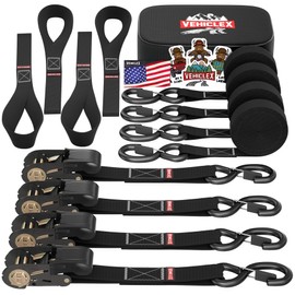 Ratchet Tie-Down Straps Set - (1" x 15', 2200lbs Breaking Strength) - Vehiclex Soft Loops, Coated S-Hooks, Storage Bag for ATV, Motorcycle, Bicycle, Kayak, Cargo Securing, Black
