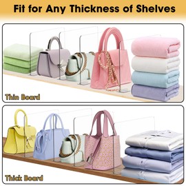 Acrylic Shelf Dividers, 8 Pack Closet Organization Shelf Organizer for Any Thickness Wood Shelves, Clear Adjustable Purse Bag Sweater Shelving Separator for Bedroom Kitchen Cabinet Office Storage
