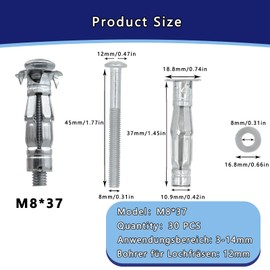 DAIRYCOF Pack of 30 Cavity Dowels, Galvanised Metal, Hollow Wall Dowels, M8 x 37 mm, Expansion Nuts, Hollow Wall Dowels, Thin Fixings for Fixings in Plasterboard (30, M8 x 37 mm)